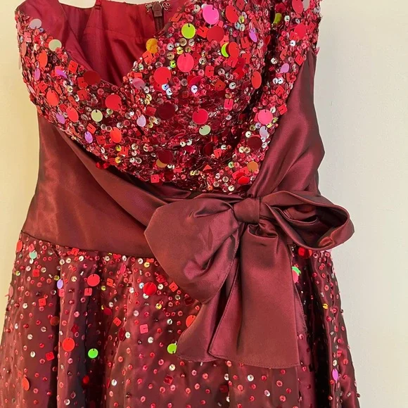 Vintage Jovani Strapless Midi Sequin Dress - Burgundy - Picture 3 of 7